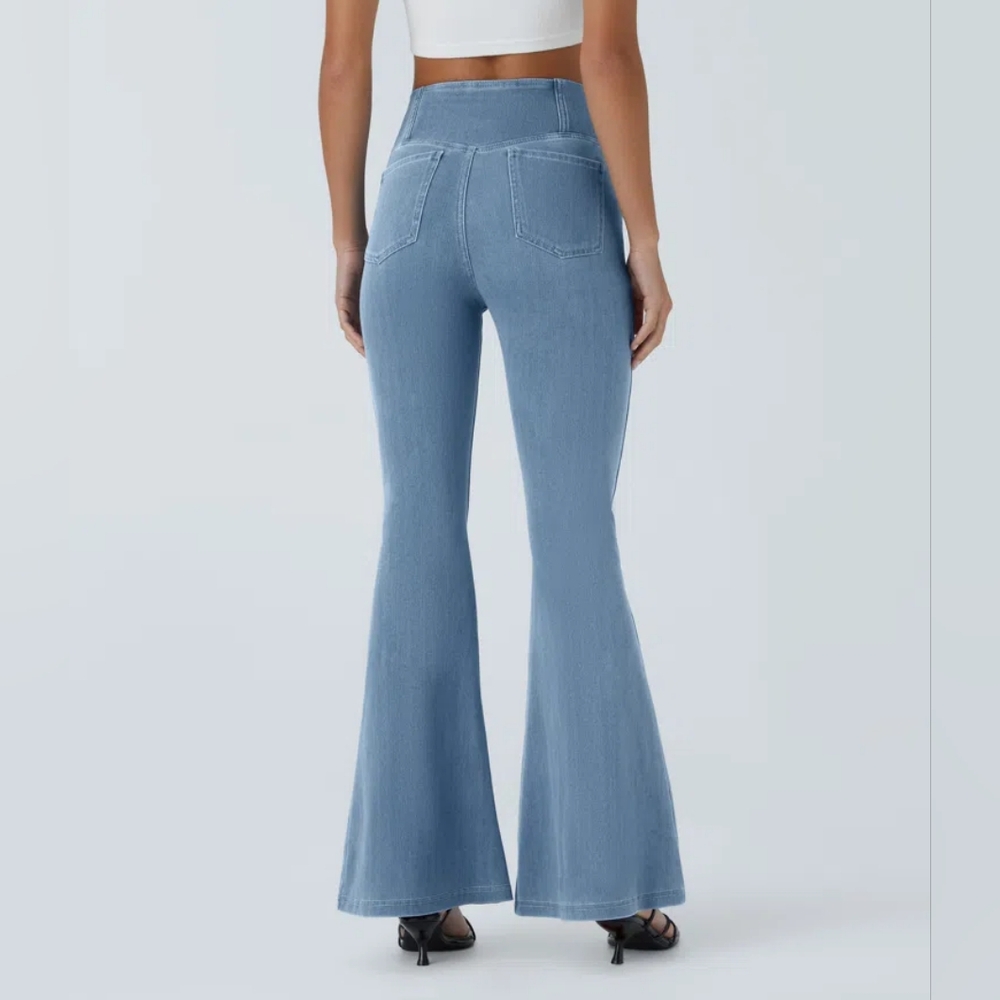 Halara Flex High Waisted Crossover Jeans XS Petite Flare Denim Pockets - Picture 2 of 7